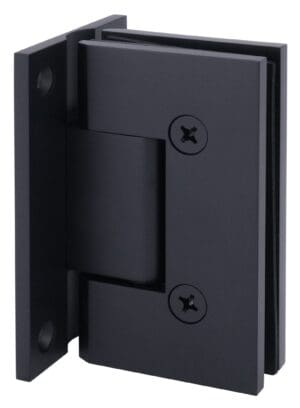 Close-up of a black metal door hinge with screws.