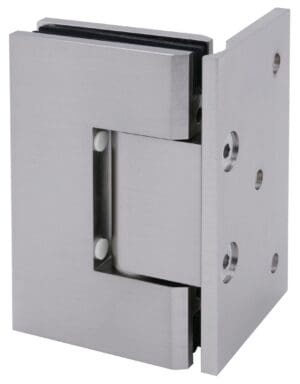 A close-up of a modern, silver door hinge with screws.