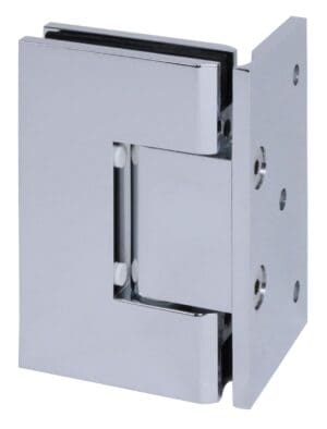 Close-up of a shiny, metal hinge with a modern design.