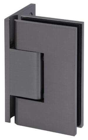 Close-up of a modern black door hinge against a gray door.