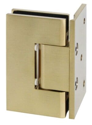 Close-up of a brass or gold-colored door hinge.