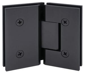 Black metal hinge with screws for doors or panels.