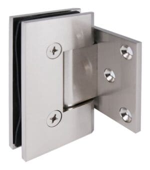 Metal glass door hinge with screws for secure mounting.