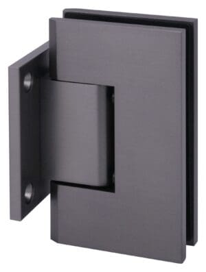 Close-up of a black metal hinge attached to a door.