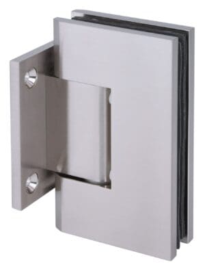 A stainless steel glass door hinge with a modern design.