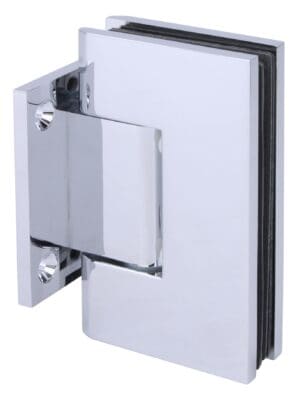 Chrome glass door hinge with sleek design.