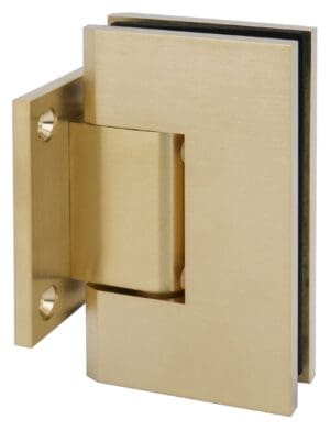 Close-up of a brass door hinge attached to a glass panel.