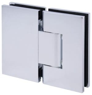 Chrome-plated glass door hinge for frameless installations.