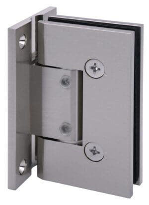 Close-up of a metal door hinge with screws.
