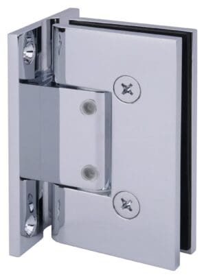 Close-up of a metal hinge attached to a glass panel with screws.