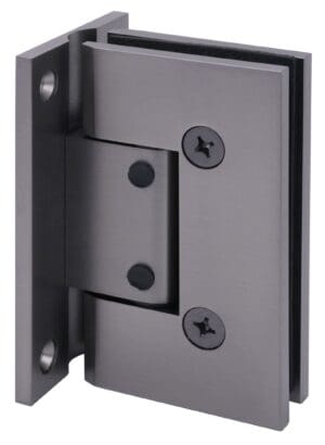 Close-up of a black metal door hinge with screws.