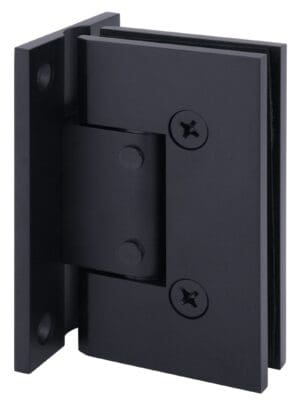Close-up of a black metal hinge with screws.