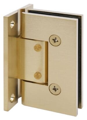 Close-up of a brass door hinge with screws on a wooden surface.