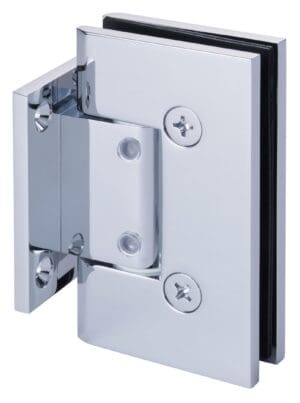 Close-up of a metal hinge on a glass door.