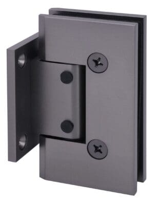 Close-up of a black metal hinge attached to a door or panel.