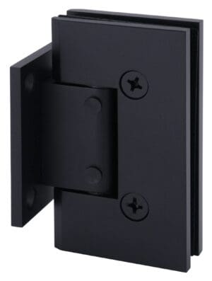 Close-up of a black metal hinge attached to a flat surface with screws.