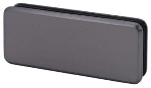 Rectangular gray eyeglasses case, closed.