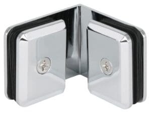Chrome corner glass clamp for secure glass panel installation.
