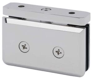 Chrome glass door hinge with screws visible.