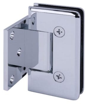Chrome glass door hinge with screws visible.