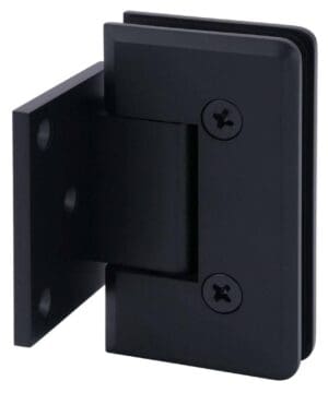 Black metal hinge with screws.