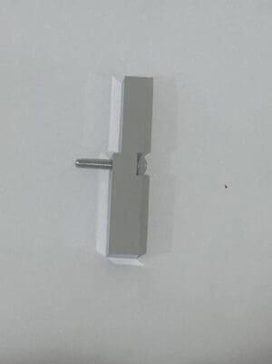 Metal bracket with screw on white background.