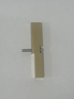 Metal and wood hinge on white background.