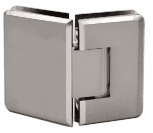 Stainless steel square door hinge close-up.