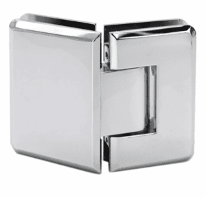 Chrome glass door hinge on white background.