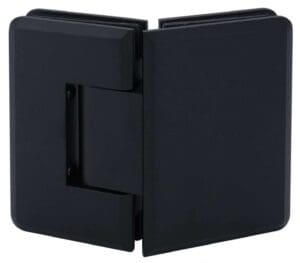 Black metal door hinge on white background.