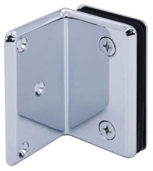 Chrome corner bracket with screw holes.