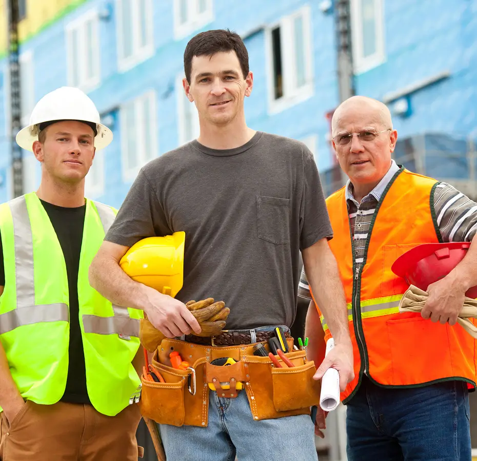 Three construction workers wearing safety gear.